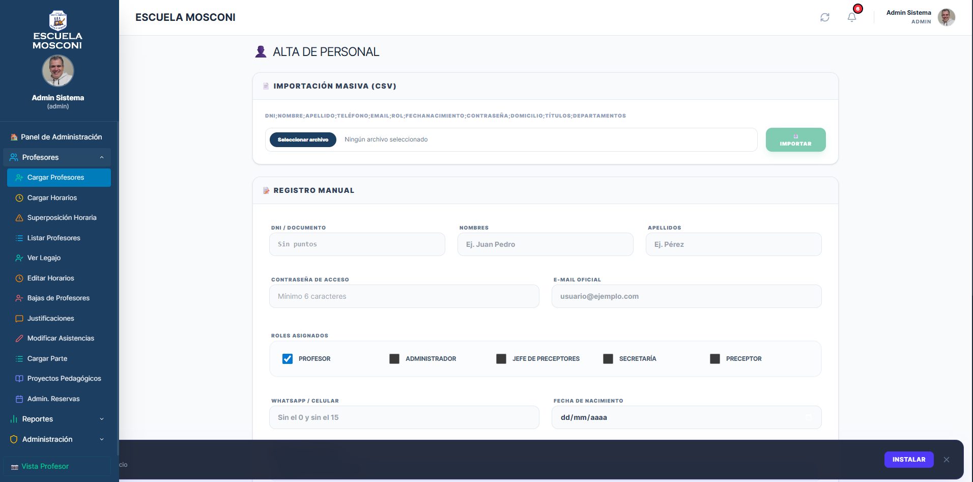 Pantalla de alta de personal: importación CSV y registro manual con roles